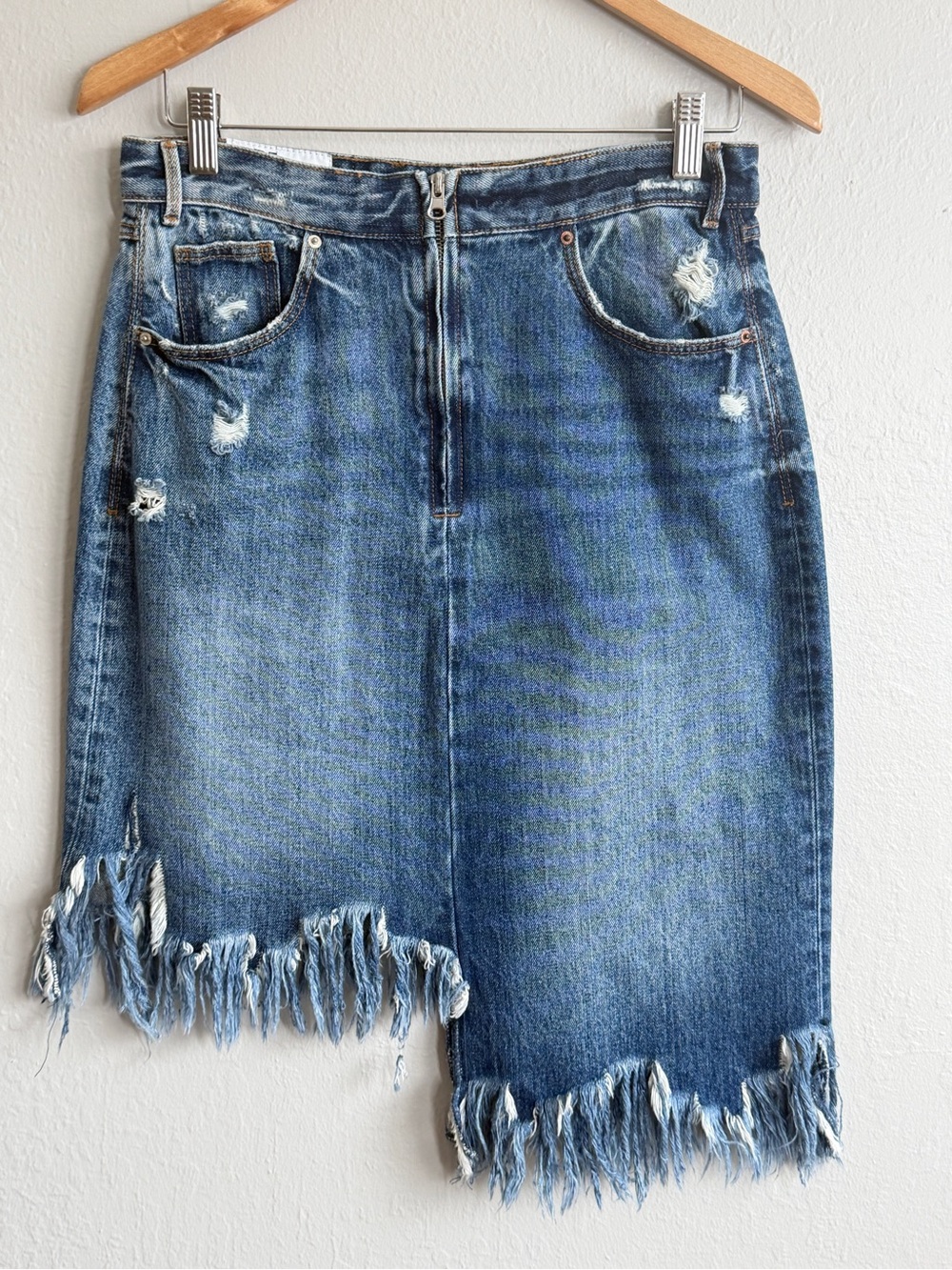 Zara Distressed Denim Midi Skirt Raw Tassel Fringe Y2K Size M 29